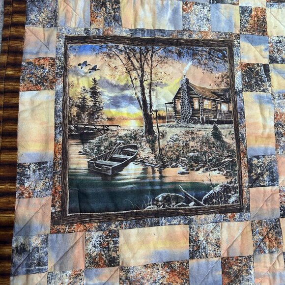 Handmade Quilt‎ Throw 41x56 Vintage Ranch Cabin Scenery Ducks Brown Rust Gray - Picture 3 of 6